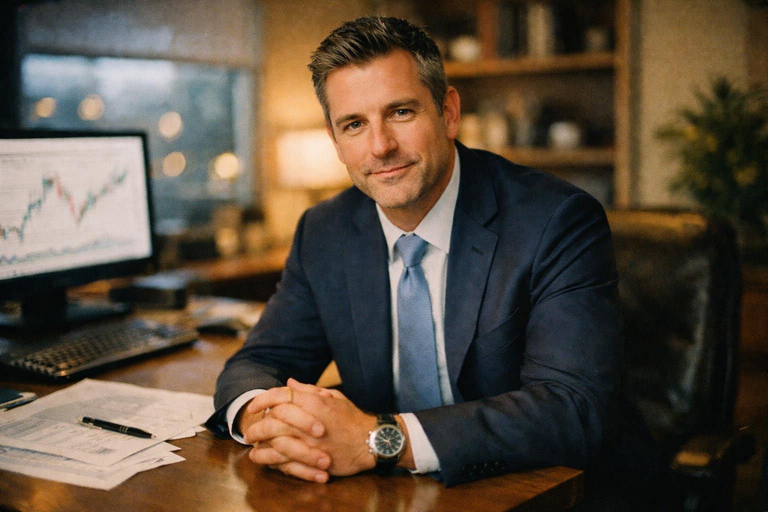 A loan specialist reviewing an application in a warm-lit office.